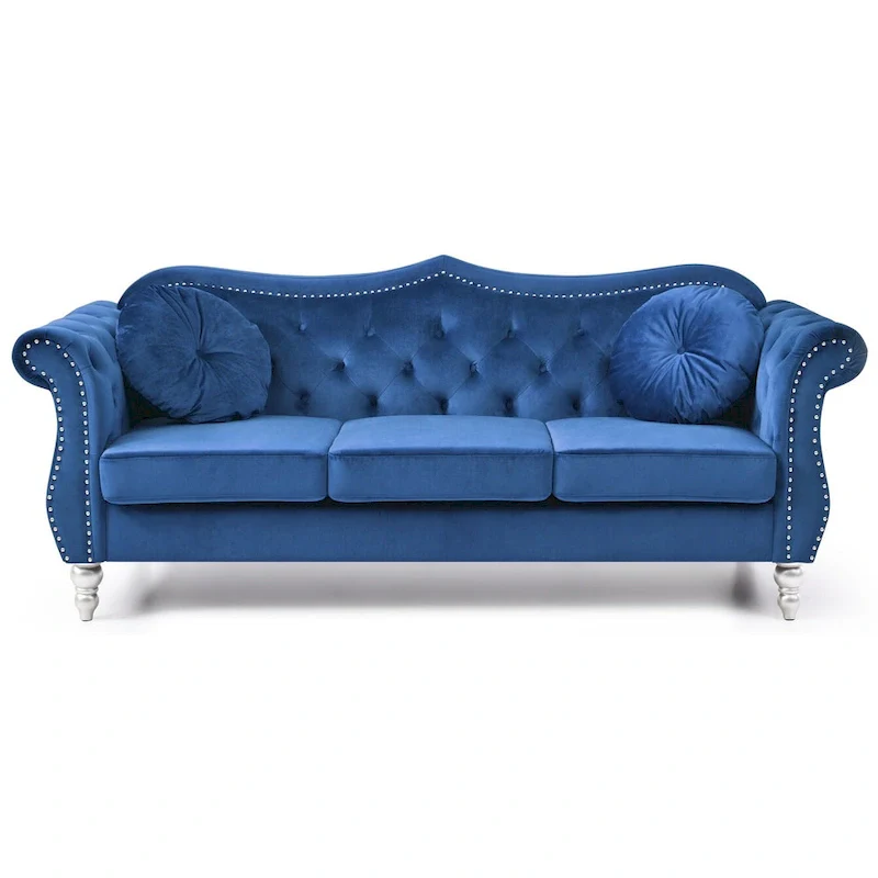 Hollywood 82 in. Velvet Chesterfield 3-Seater Sofa with 2-Throw Pillow - 82L x 35W x 34H
