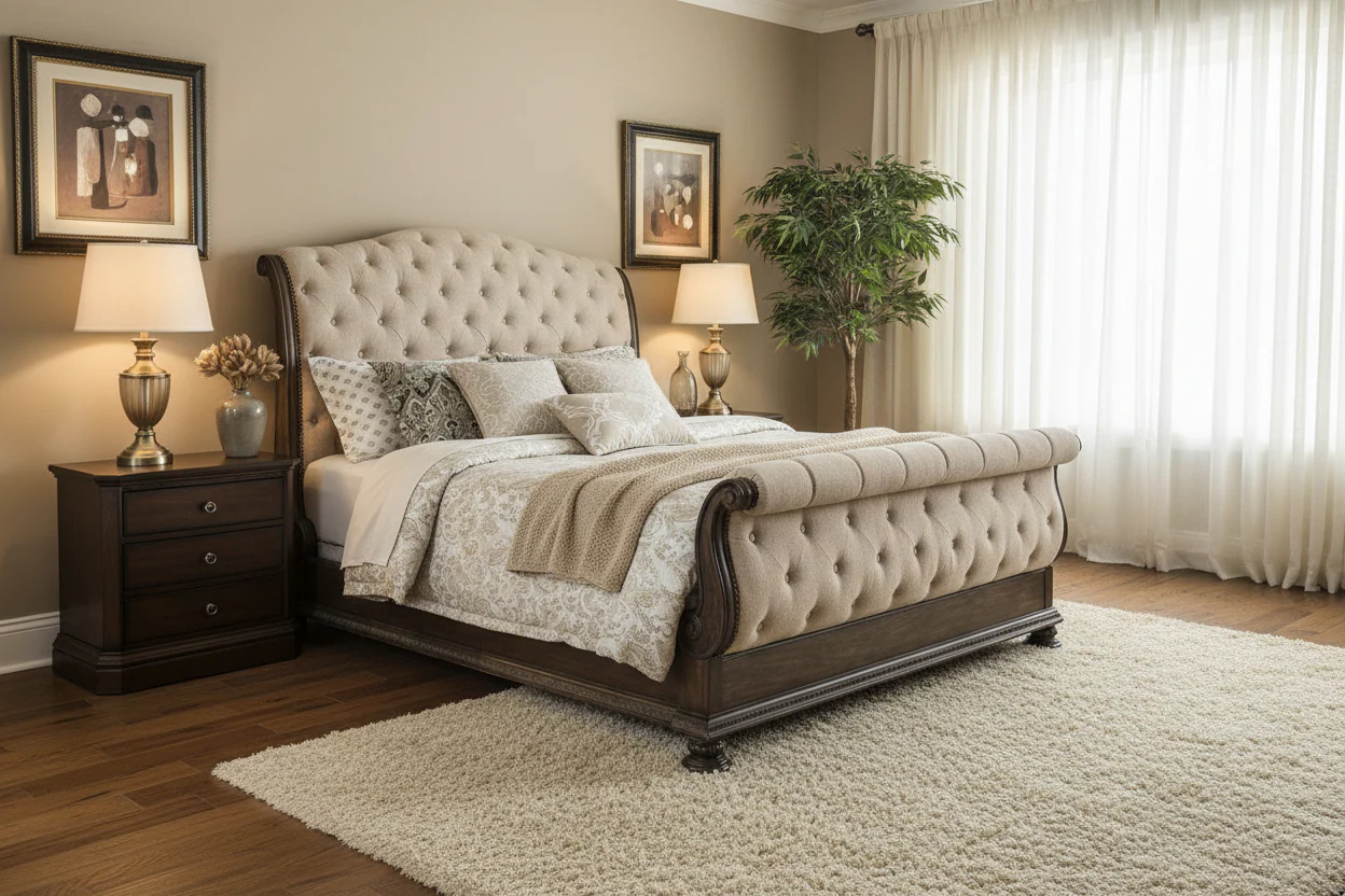 Brown and Beige King Sleigh Bed with Button Tufting