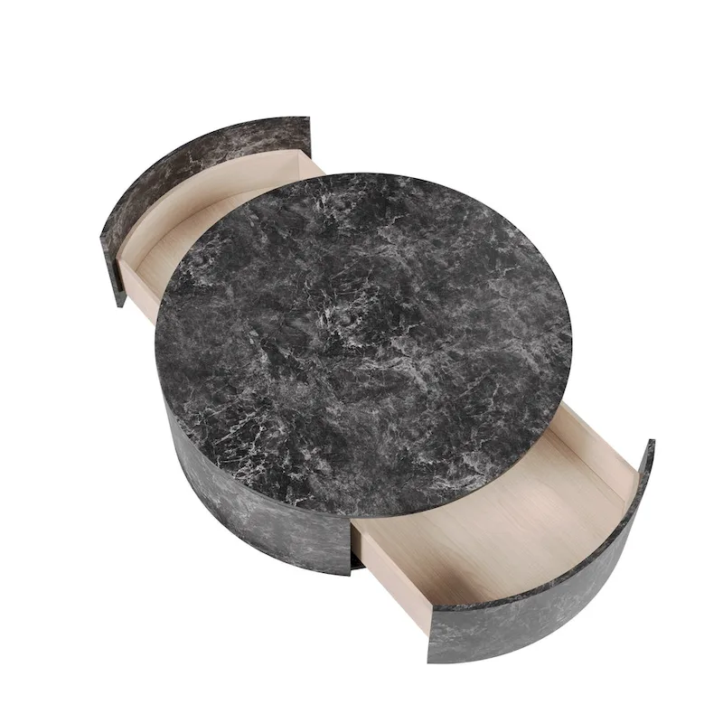 Modern Faux Marble Round Coffee Table Center Table with 2 Drawers, Fully Assembled