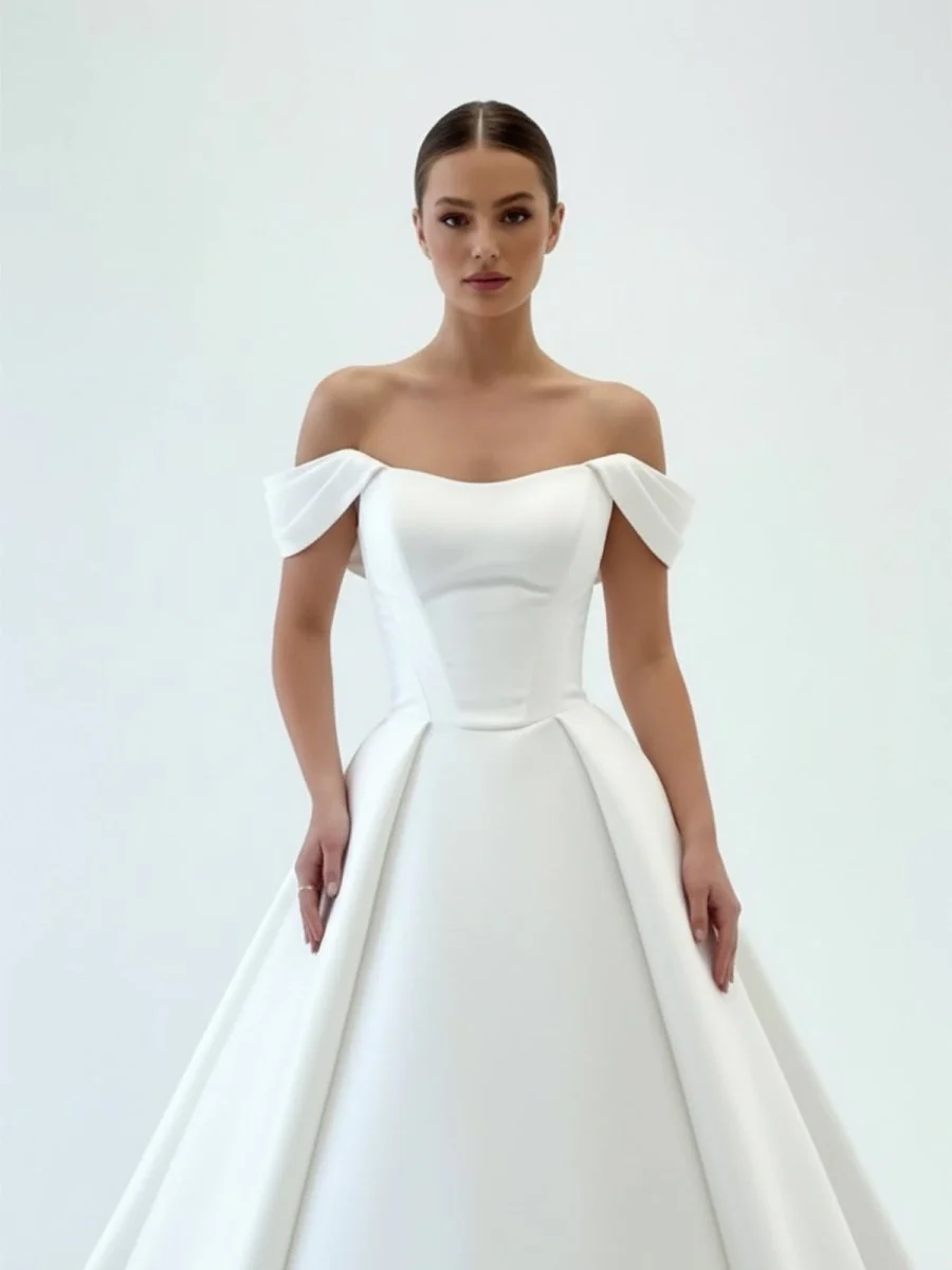 Elegant A-Line Off the Shoulder White Satin Wedding Dresses