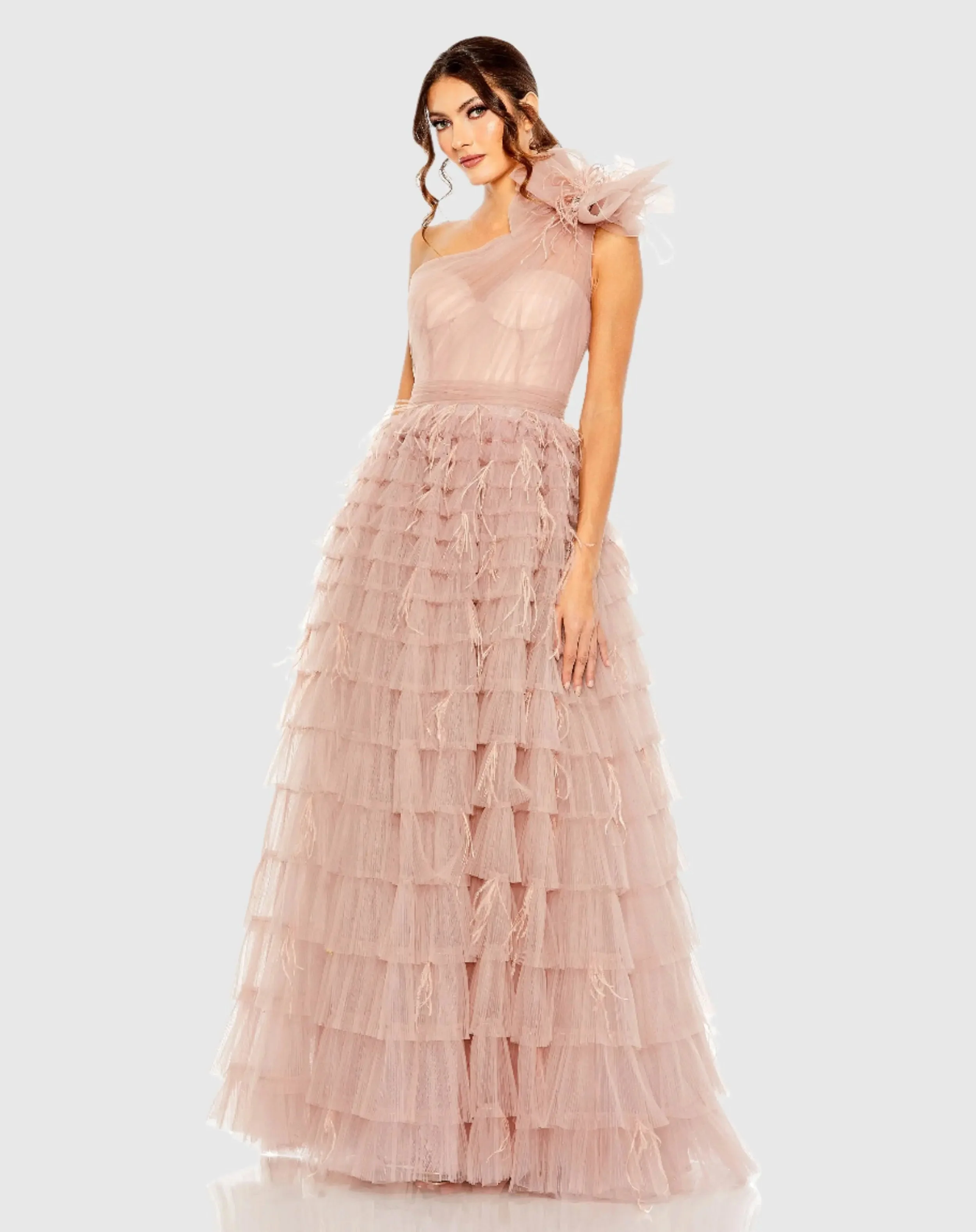 Pink One Shoulder Faux Bow Feather Tiered A Line Gown