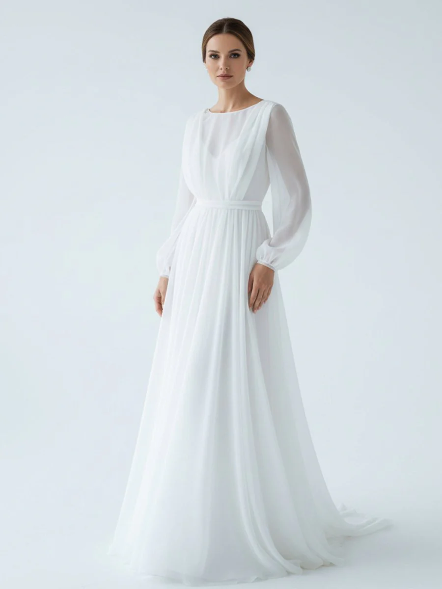 A-Line Illusion Neck Long Sleeves Sweep Train Organza Wedding Dresses