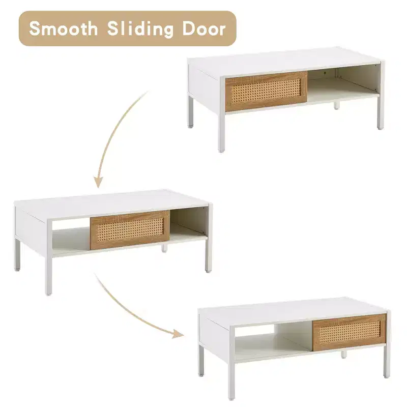 White 40.16 Rattan Coffee Table with Sliding Door Storage and Metal Legs for Modern Living Room