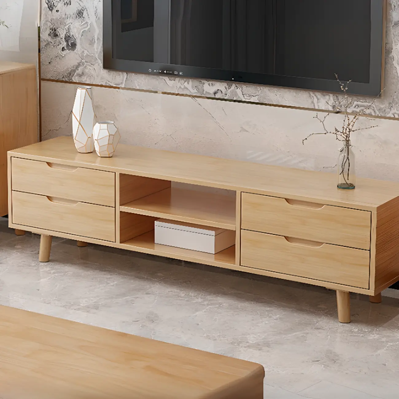 Durable Natural Wooden TV Stand with Cable Management