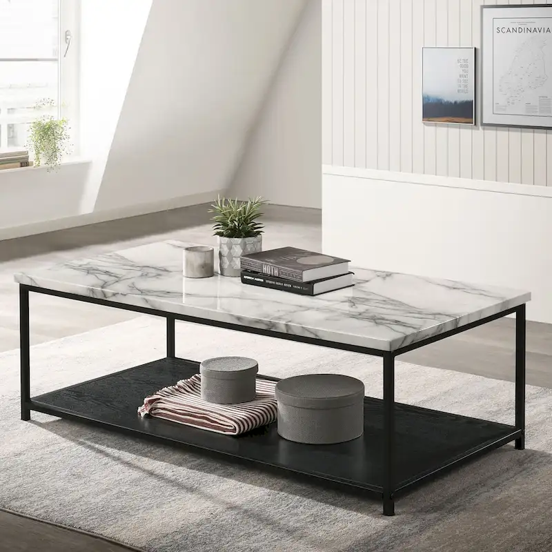 Contemporary 47-Inch Wood Coffee Table with Lower Shelf