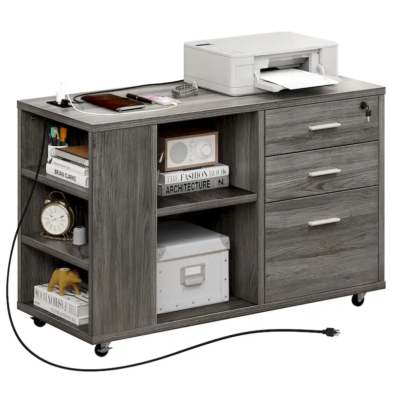 Brown Mobile Wood Lateral File Cabinet with Charging Station & Lock