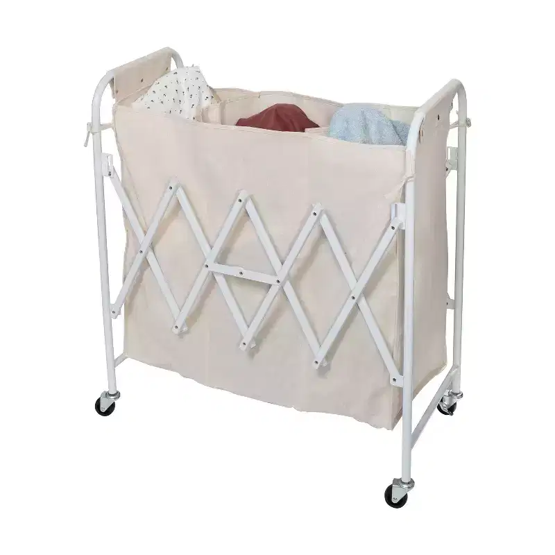 Honey-Can-Do Accordion Triple Sorter: White Steel Rolling Laundry Hamper with Wheels, Collapsible, Open-Top Design