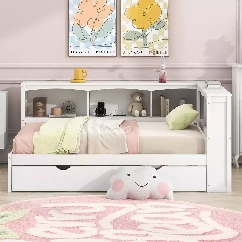 Wooden Twin Size Daybed with Trundle and Storage Cabinet, Floor Day Bed Frame w/L-Shaped Bookcase Shelves and USB Ports for Bedroom