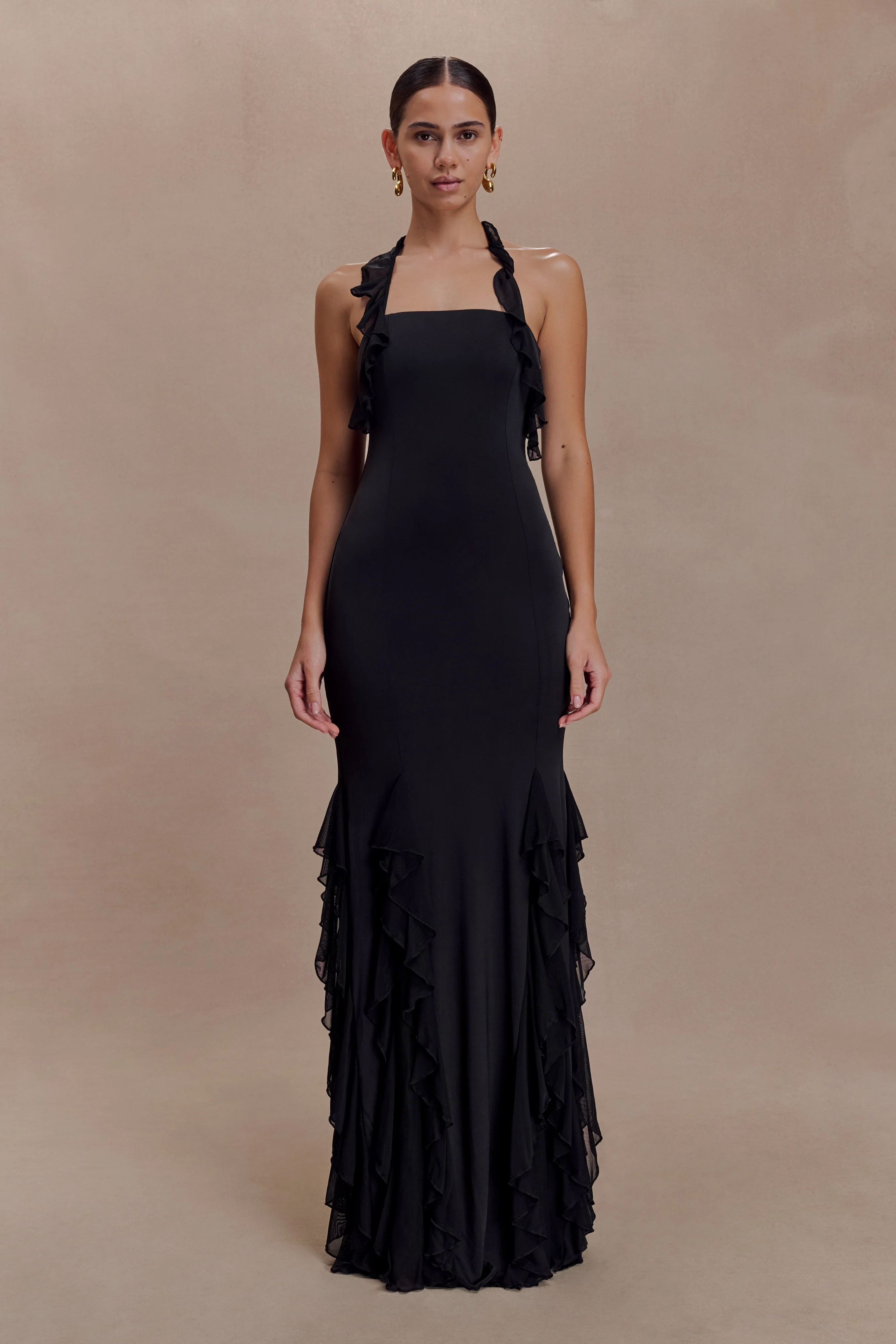 Etta Ruffle Slinky Maxi Dress - Black