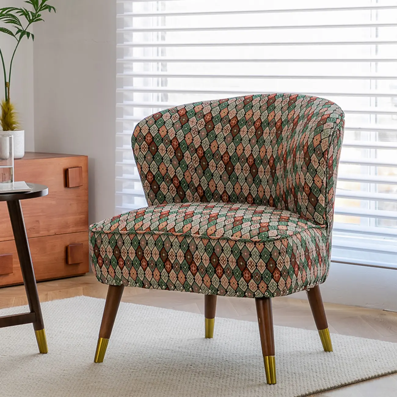 Vintage Bohemian Fabric Accent Chair with Floral Pattern for Home