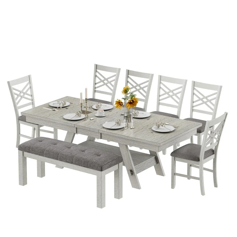 Solid Wood Rectangular Extendable Dining Table with Bench