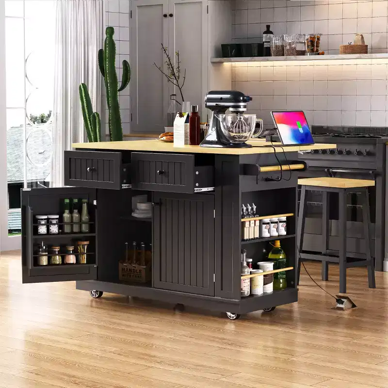 Kitchen Island with 2 Bar Stools, Kitchen Storage Cart on Wheels with Drop Leaf, Rolling Kitchen Island with Drawers and Power Outlet