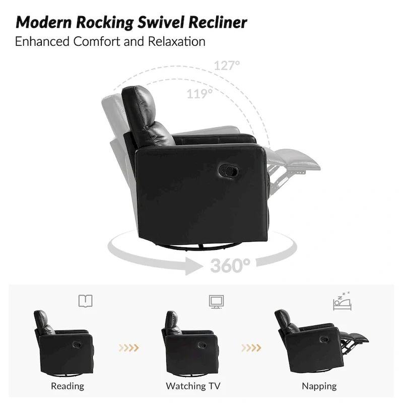 Genuine Leather Swivel Rocker Recliner with Adjustable Headrest - Modern Manual Reclining Chair 360° Rotation