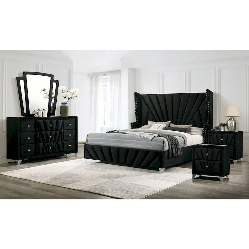 Ambrosia Glam Black Fabric Upholstered Nailhead Panel Bedroom