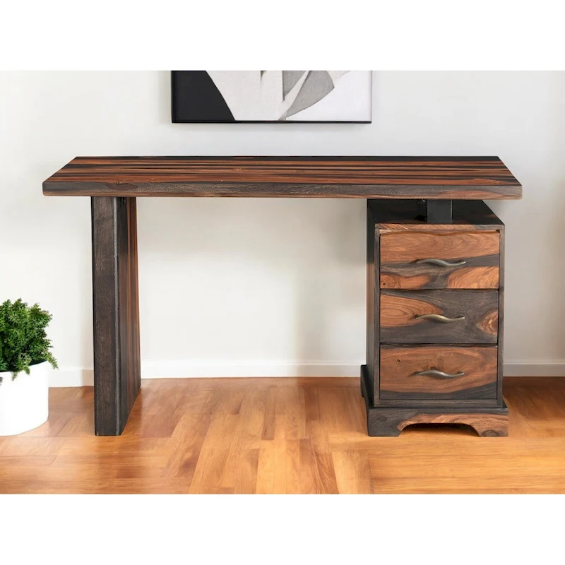 HomeRoots 54 Brown Live Edge Solid Wood Writing Desk With Three Drawers
