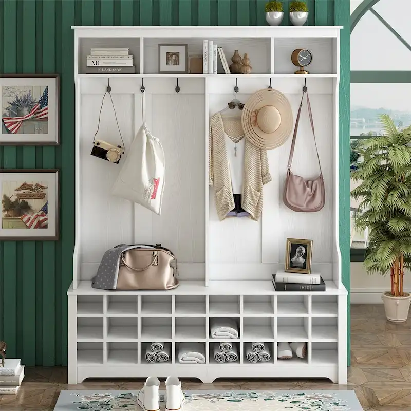 Multi-Function Hall Tree with Hooks, Shelves & 24 Shoe Cubbies, Entryway Storage
