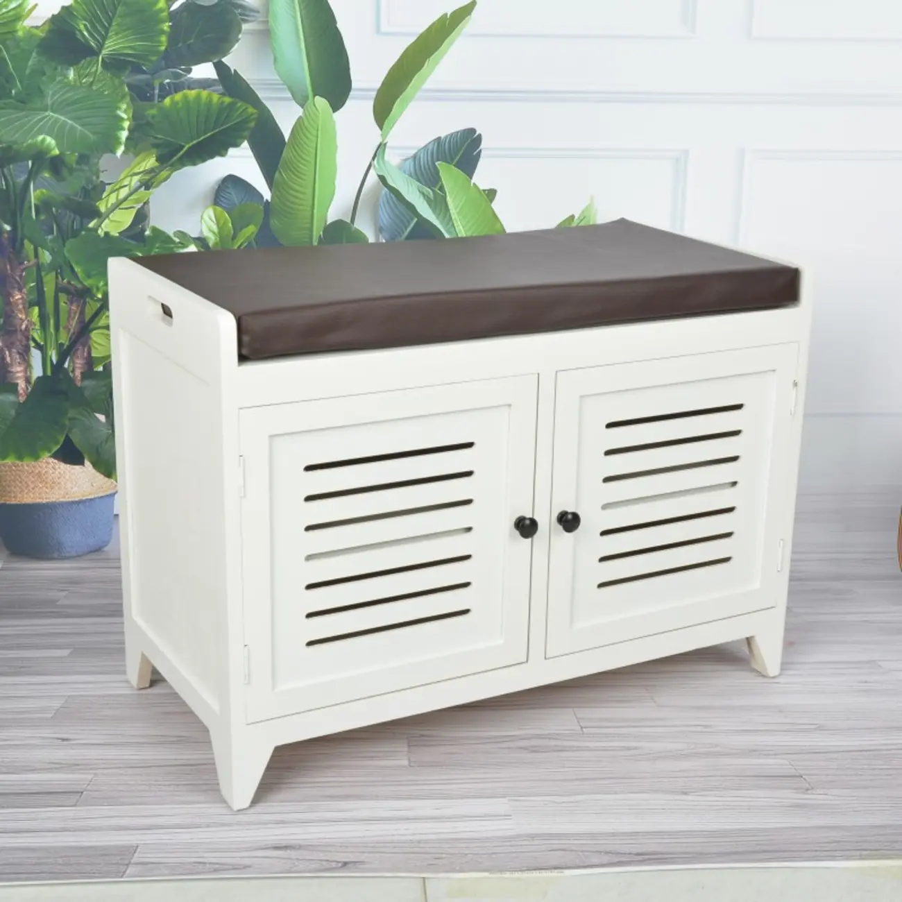 Entryway Wooden Cushioned Shoe Bench with Cabinet