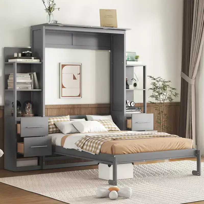 Full/Queen Murphy Bed Wall Bed with Shelves, Drawers and Led Lights, Space-Saving Murphy Bed Cabinet for Guest Room Home Office