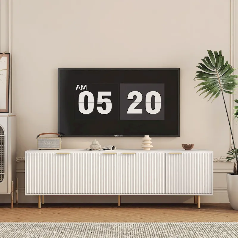 White Fluted TV Stand with Storage, 4-Door Entertainment Console for TVs up to 79