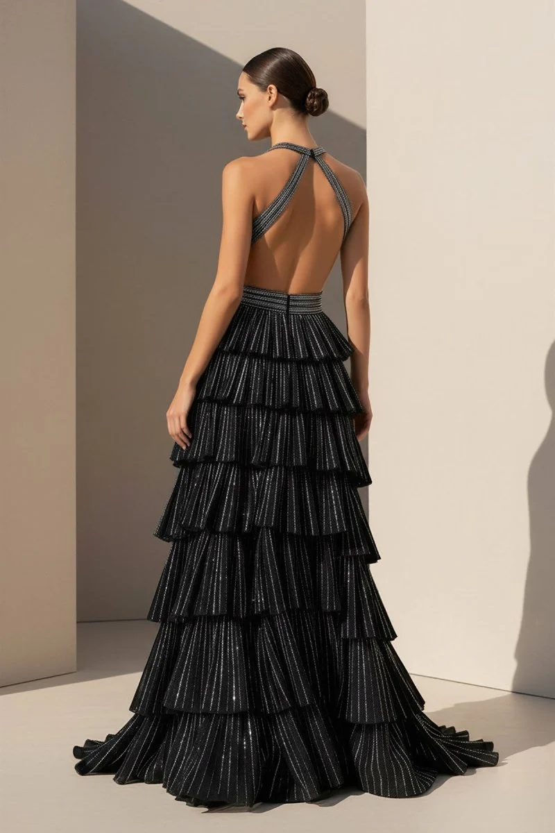 Black - A-Line V Neck Satin Beaded Long Prom Dresses With Ruffles