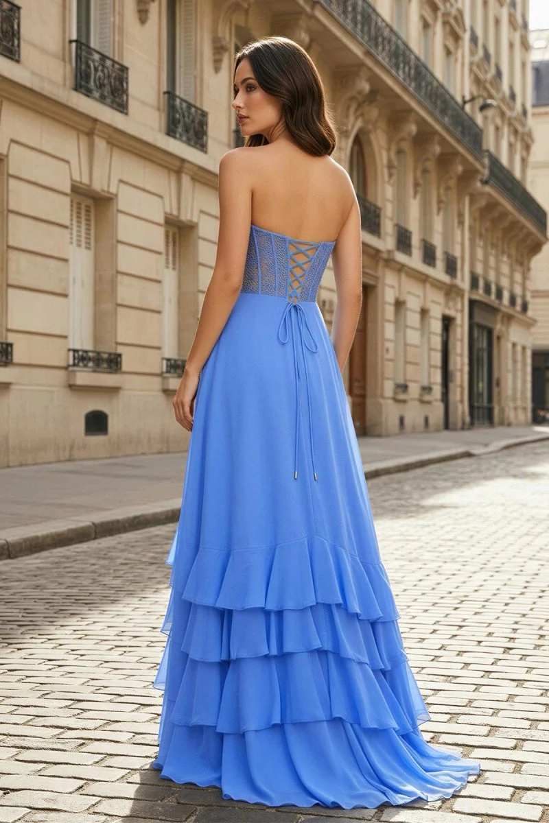 Blue - Strapless Chiffon Ruffled A Line Long Prom Dresses With Appliques