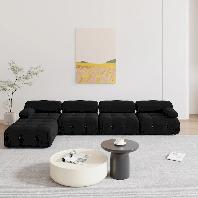 Black Velvet Upholstered Sectional Sofa