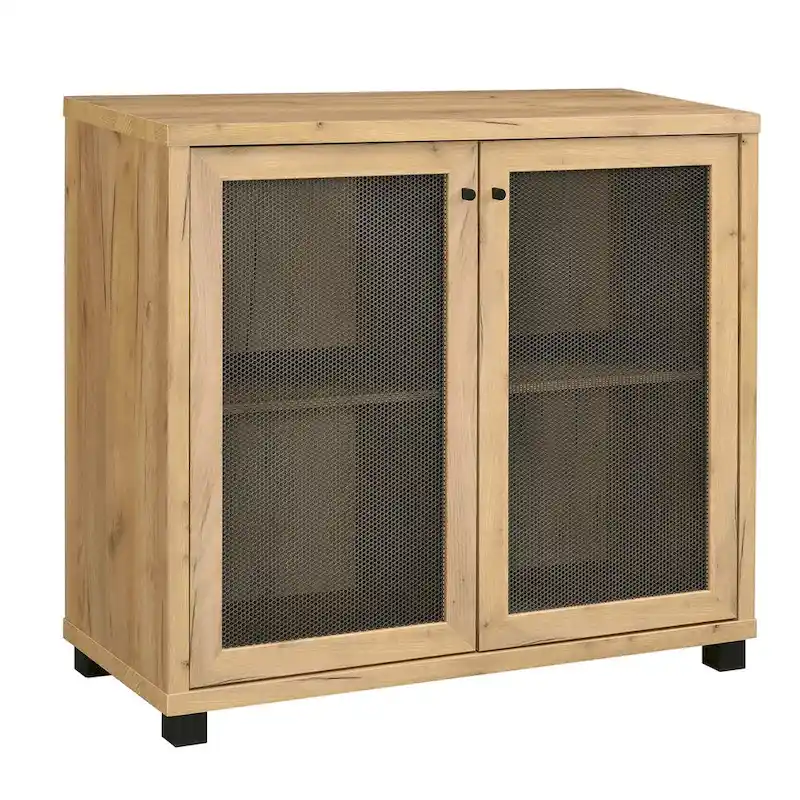 2-Door Accent Cabinet, Golden Oak & Black, Metal Mesh, Steel Legs