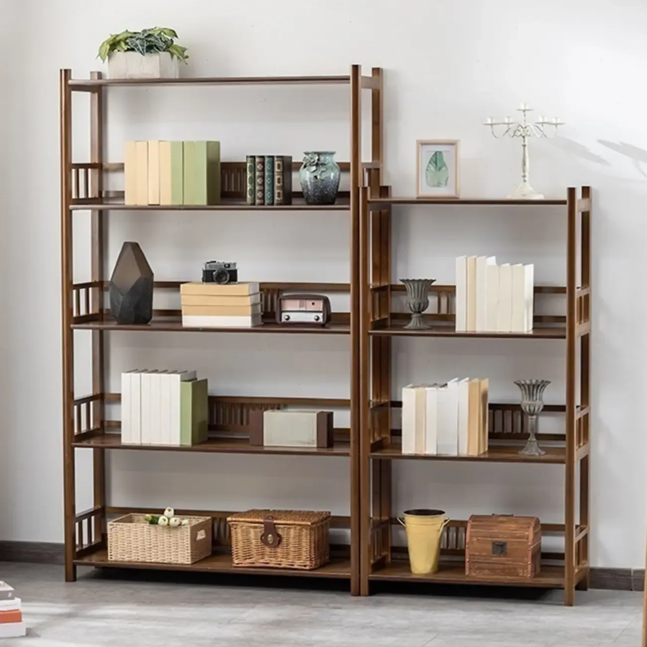 Vertical Modern 4-Tier Open Back Brown Wood Bookcase