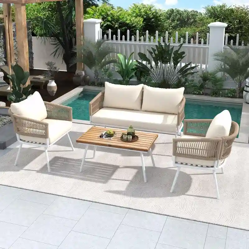 4-Piece Boho Rope Patio Furniture: Outdoor Seating with Acacia Wood Table, Thick Cushions