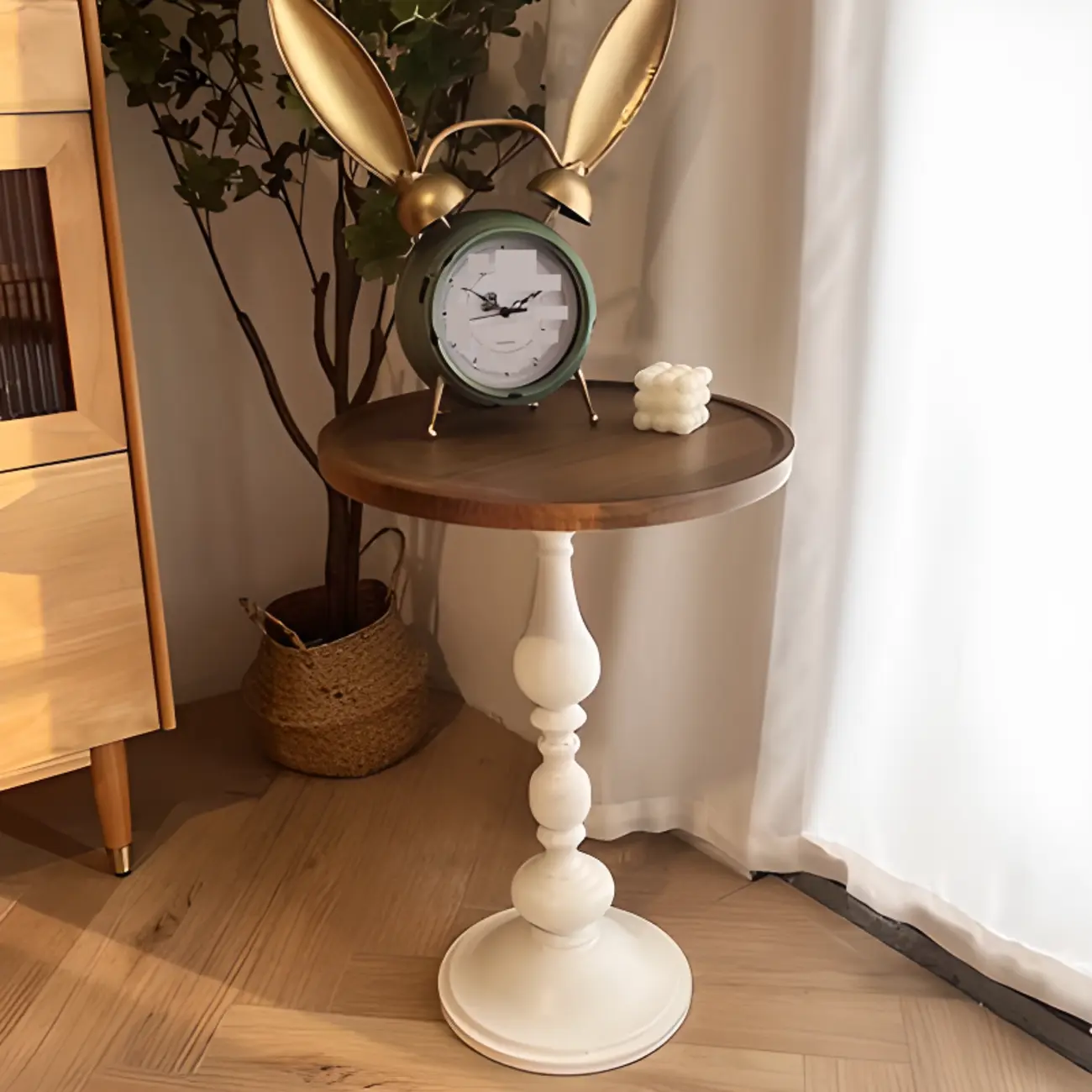 Classic Brown-White Wood Round Pedestal Chairside Table