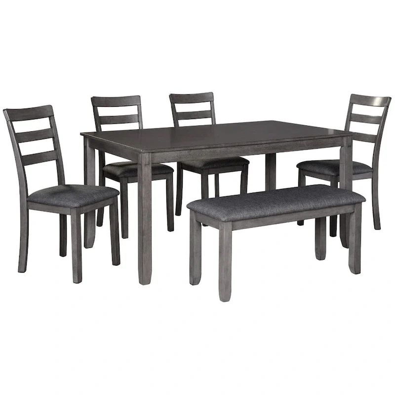 Grey Charcoal Rectangular Dining Set, Ladder-Back Style, Seats 6