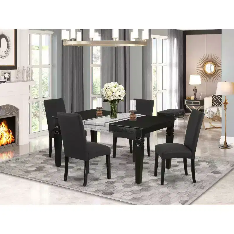 HomeStock 5-Piece Rectangle Black Finish Solid Wood Top Dining Table with 4 Parson Chair with Butterfly Leaf