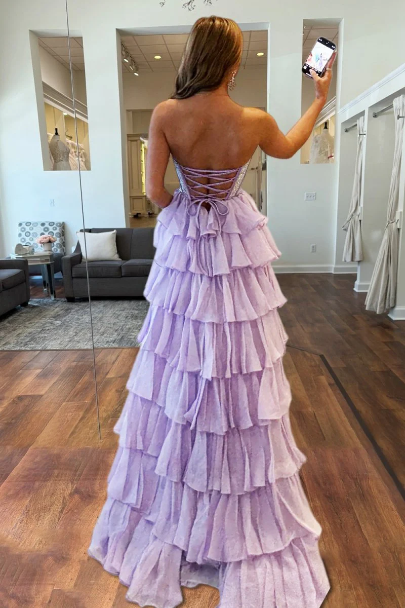 Lavender - A Line Strapless Chiffon Beaded Corset Long Prom Dress With Slit