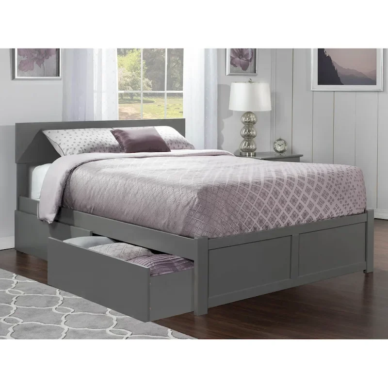 Grey King-Size Platform Bed with Two Drawers