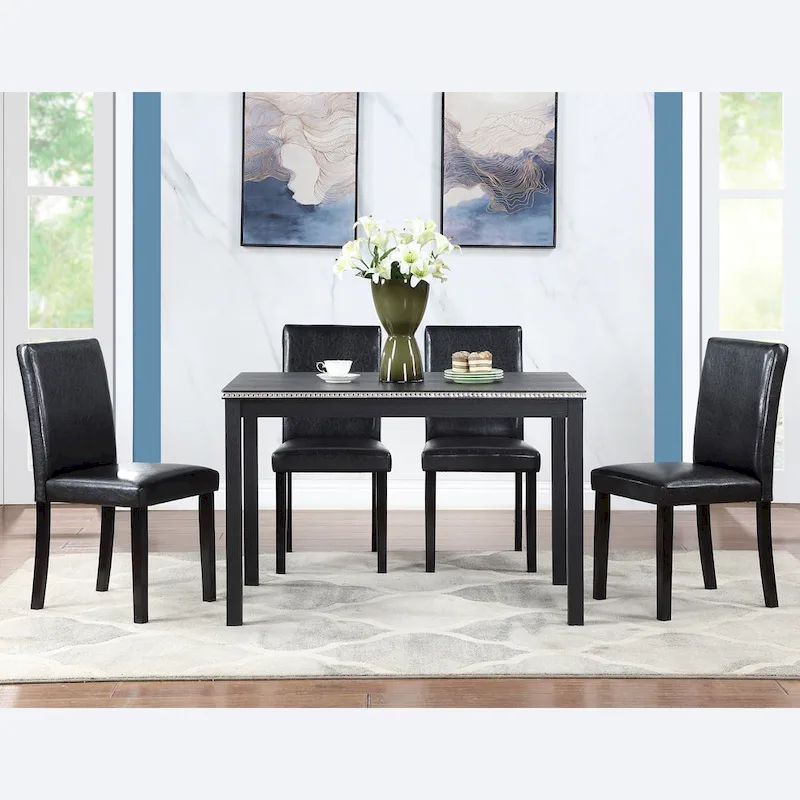 Wooden Dining Table with Rectangular Top and 4 Upholstered Chairs