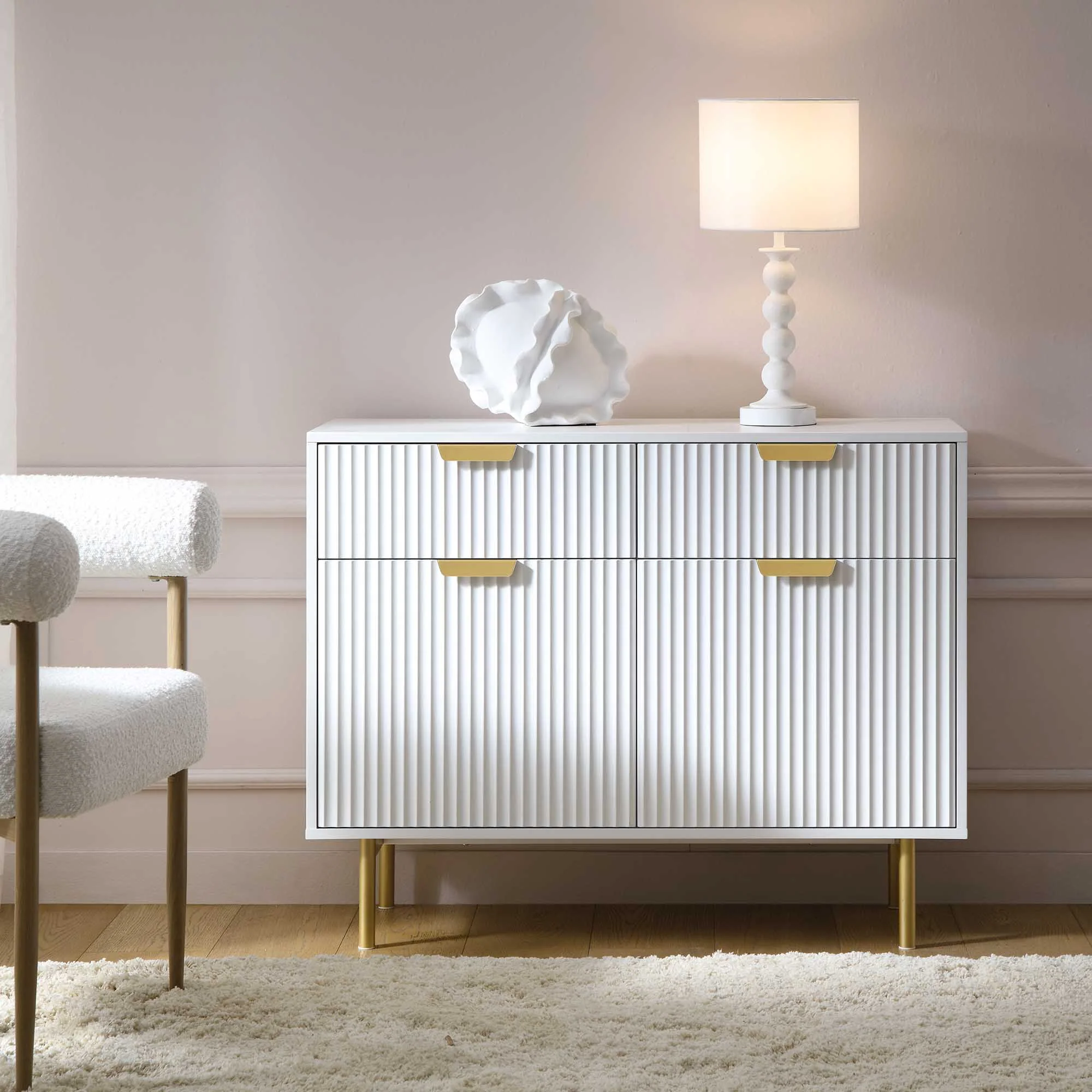 Ridged 2-Door Cabinet with Drawers, Matte White