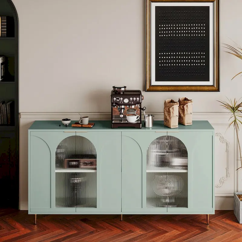 Cabinet Lacquered Cabinet with 4 Glass Doors Sideboard Buffet Server Cabinet Storage Cabinet, for Living Room, Mint Green