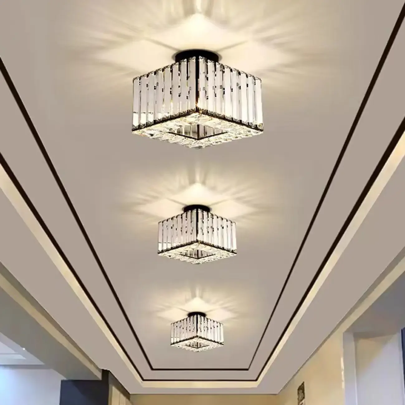 Modern Gold Square Crystal Semi Flush Ceiling Light