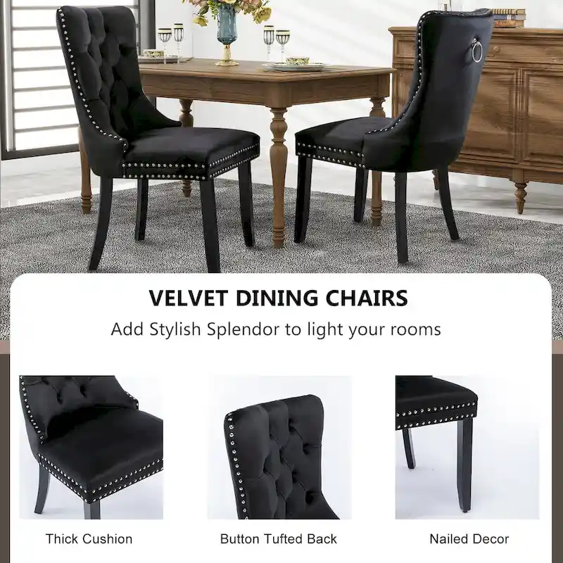 Velvet Dining Chairs, Tufted Solid Wood Armless Chairs Accent Chair with Nailhead Trim and Back Ring Pull