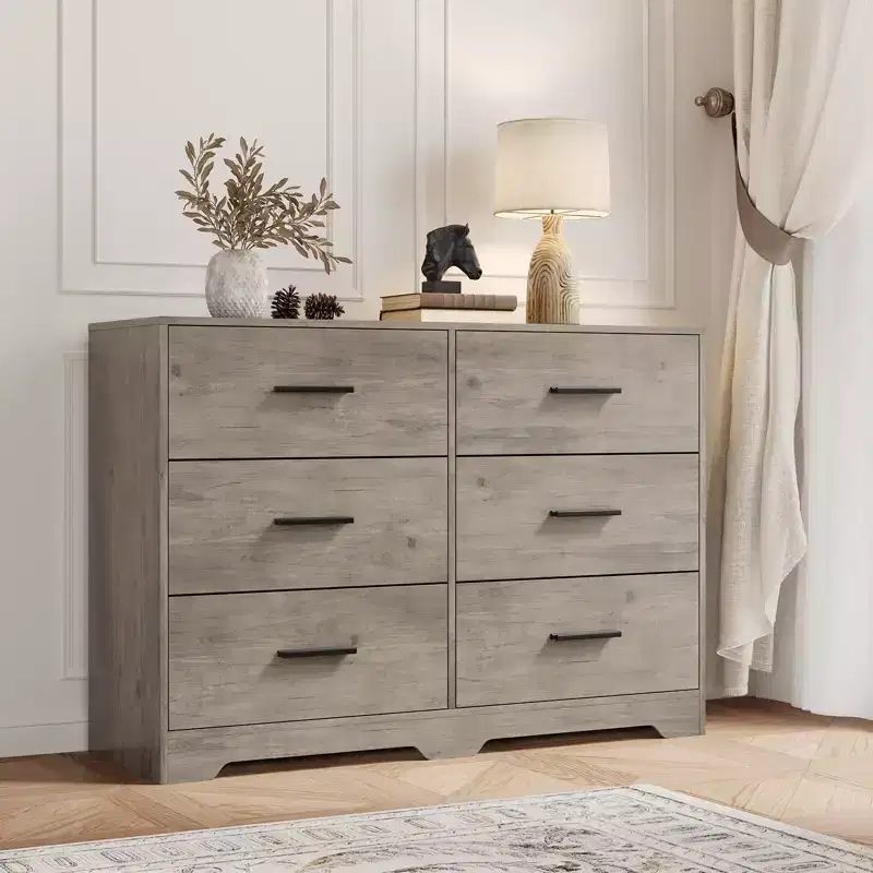 Dresser for Bedroom, Modern 6 Drawer Wide Wooden Chest of Drawers with Metal Handles, Storage Cabinet for Entryway, Hallway & Living Room