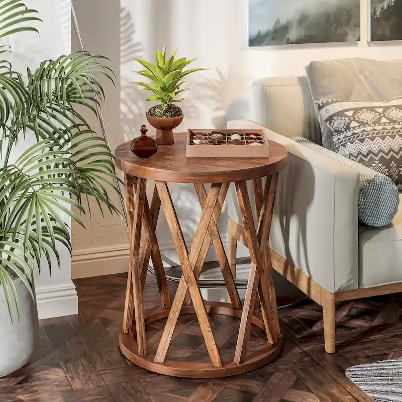 COZAYH Farmhouse End Table, Rustic Round Coffee Table with X-Motifs Legs, Wood Textured Top for Boho, French Country Decor