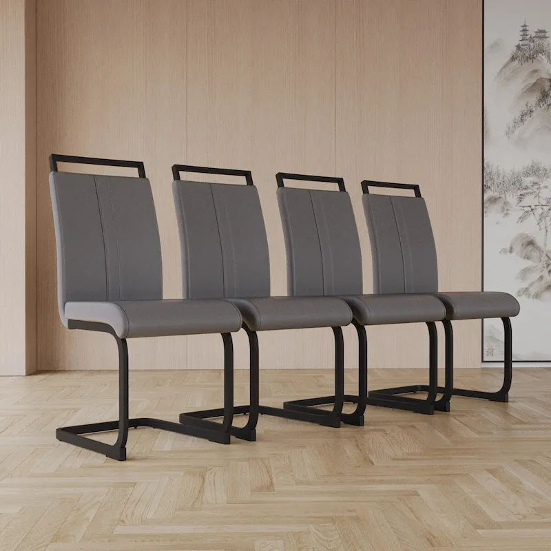 Grey/Black PU Faux Leather High Back Dining Chair, C-Shaped Metal Legs, Set of 4