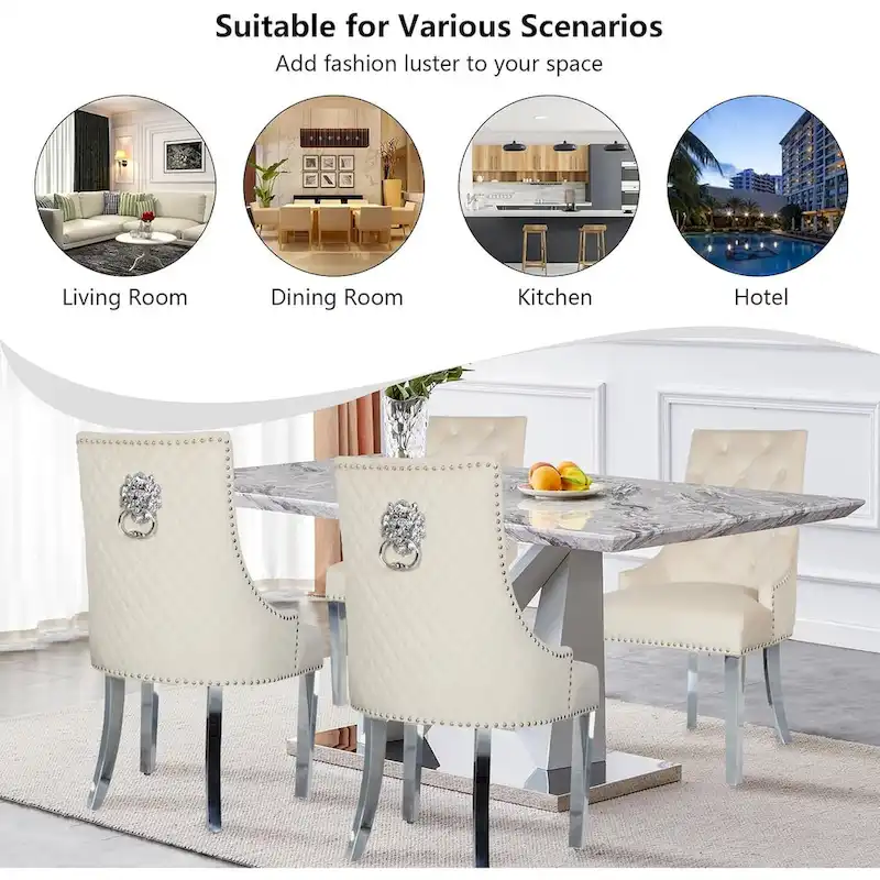 Velvet Dining Chairs Set of 2, Upholstered Tufted Nailhead Dining Room Chairs with Stainless Steel Legs & Lion Head Pull Ring