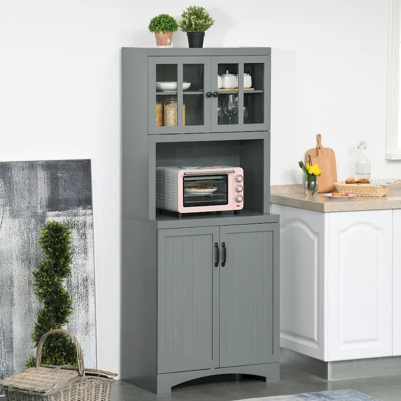 White / Grey Kitchen Buffet Hutch with Glass Door, 2-Person Household