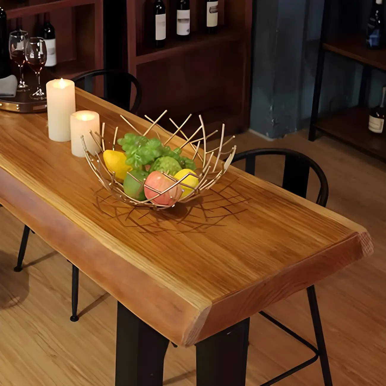 Industrial Brown Pine Rectangular Bar Table with Metal Sled Base