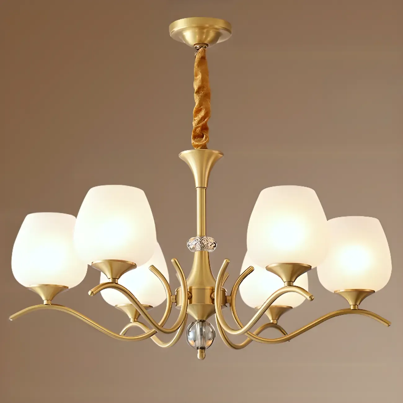 Mid-Century Modern White Glass Elegant Gold Chandelier