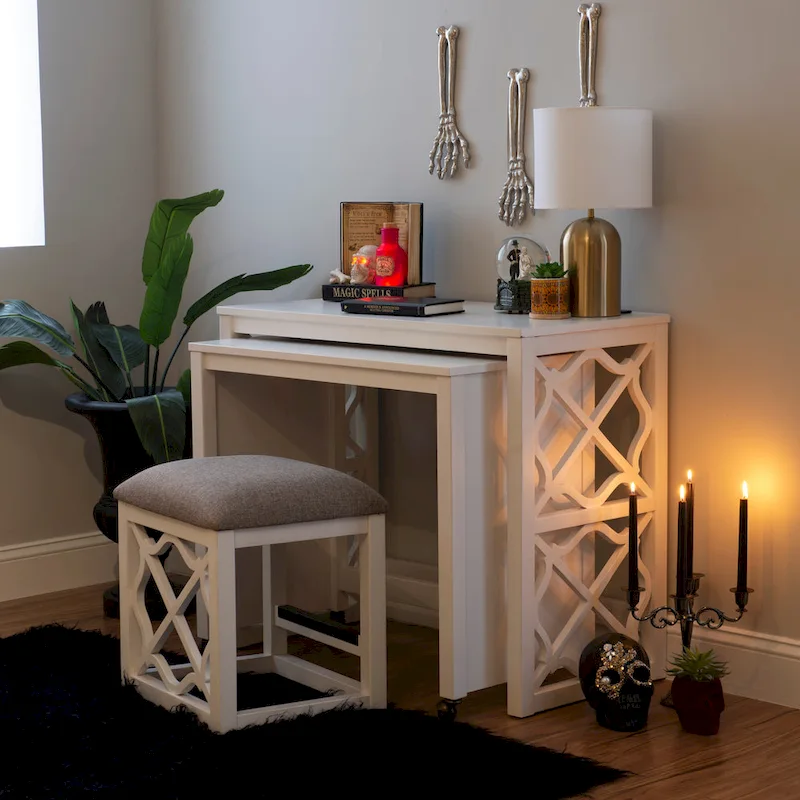 Nesting Desk Set 36 Rolling 2 USB Ports Solid Wood Stool Included White 3-Piece