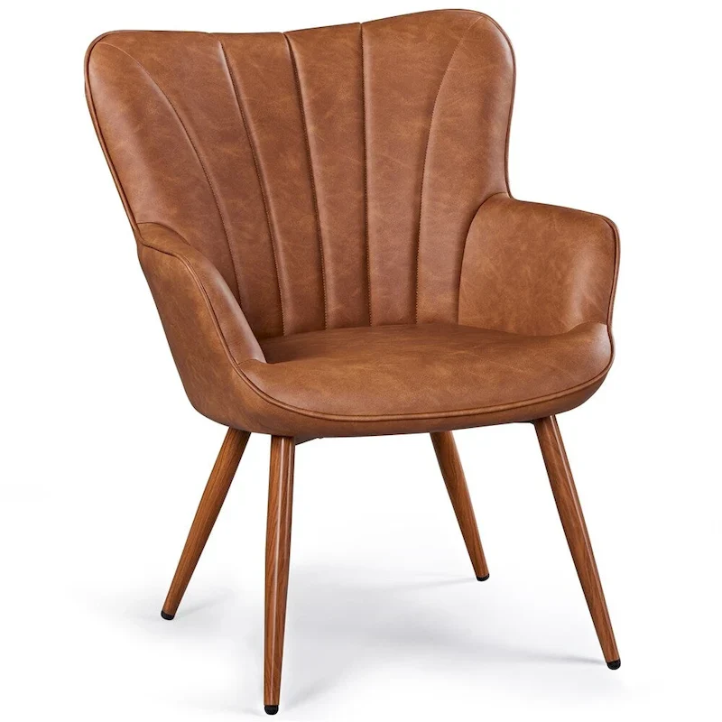 Yaheetech Modern Faux Leather Accent Chair With Pleated Curved Back Upholstered Armchair, Retro Brown