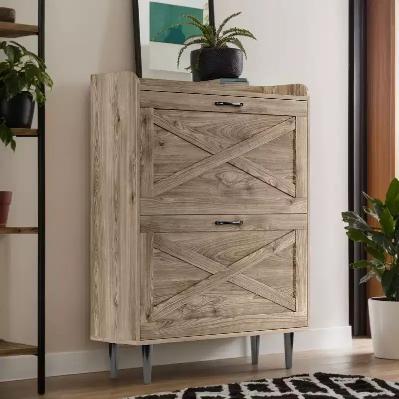 Karl Home 2 Flip 1 Barrier Barn Door Shoe Cabinet Melamine Embossed 31.6In Gray Oak