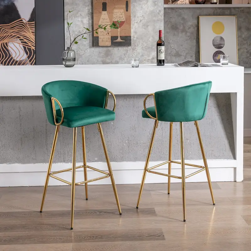 26 Inch Set of 2 Bar Stools,with Chrome Footrest and Base Velvet + Golden Leg Simple Bar Stool,GRAY